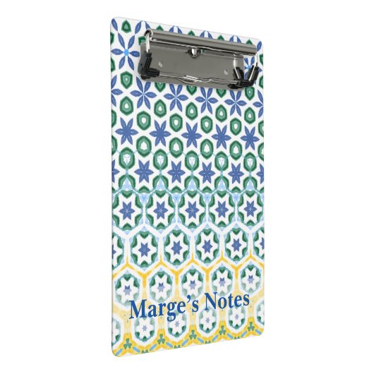 Fröhliche blaugelbe Gemustert Mini Klemmbrett (Schrägansicht)