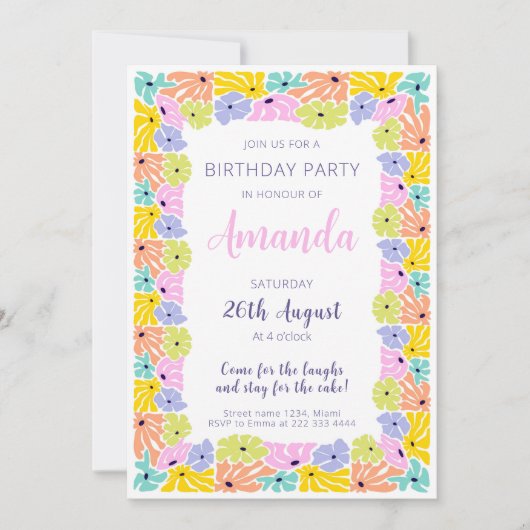 Fröhliche Blossom Border Birthday Party Einladung (Vorderseite)