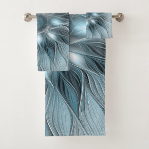 Fröhliche Blumen-Abstrakt Blau-Grau-Blumen-Fraktal Badhandtuch Set