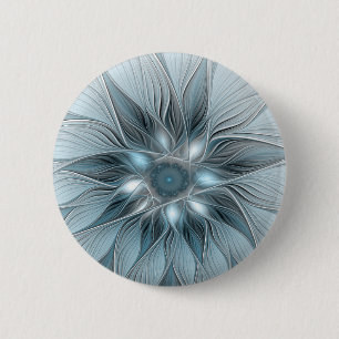 Fröhliche Blumen-Abstrakt Blau-Grau-Blumen-Fraktal Button