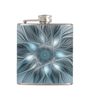 Fröhliche Blumen-Abstrakt Blau-Grau Floral Fraktal Flachmann