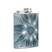 Fröhliche Blumen-Abstrakt Blau-Grau Floral Fraktal Flachmann (Rechts)