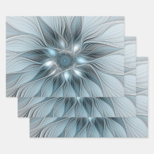 Fröhliche Blumen-Abstrakt Blau-Grau Floral Fraktal Geschenkpapier Set