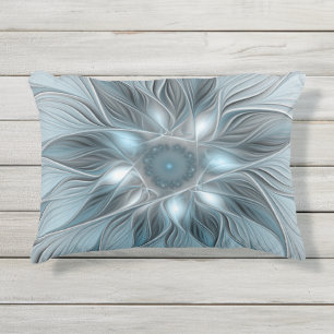 Fröhliche Blumen-Abstrakt Blau Grau Floral Fraktal Kissen Für Draußen