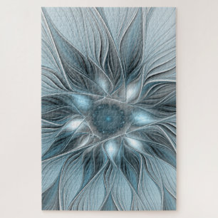 Fröhliche Blumen-Abstrakt Blau-Grau Floral Fraktal Puzzle
