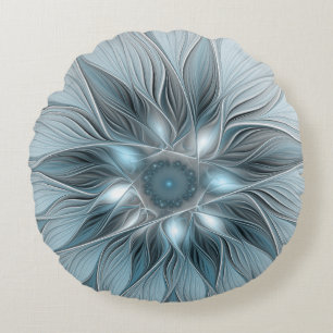 Fröhliche Blumen-Abstrakt Blau-Grau Floral Fraktal Rundes Kissen
