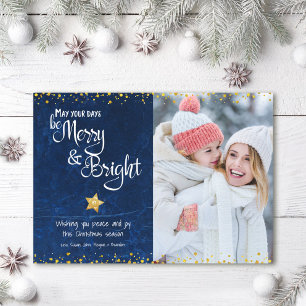 Fröhliche Bright Schrift Foto Blau Gold Stern Glit Feiertagskarte