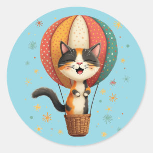 Fröhliche Calico-Katze Himmel Abenteuer Illustrati Runder Aufkleber