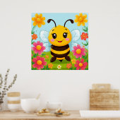 Fröhliche Cartoon Bee umgeben von hellen Blume Poster (Küche)
