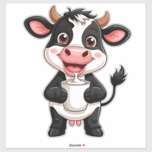 Fröhliche Cartoon-Kuh trinkt Milch Aufkleber