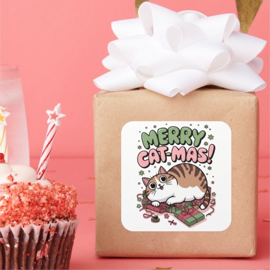 Fröhliche Cat-mas! Niedlicher Cat Square Sticker (Party)