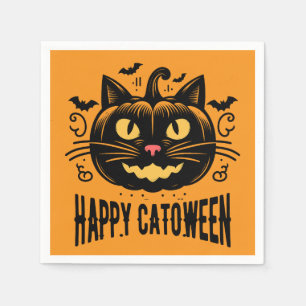 Fröhliche Catoween schwarze Katze Kürbiskopf Hallo Serviette