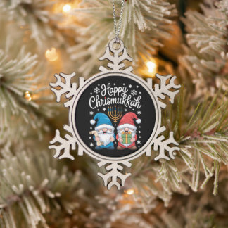 Fröhliche Chrismukkah Gnome Menora Hanukkah Xmas Schneeflocken Zinn-Ornament