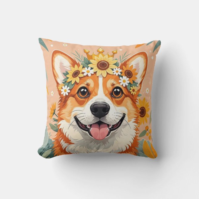 Fröhliche Corgi-Hundekrone aus Gänseblumen und Son Kissen (Vorderseite)
