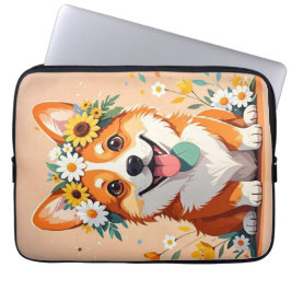 Fröhliche Corgi-Hundekrone aus Gänseblumen und Son Laptopschutzhülle