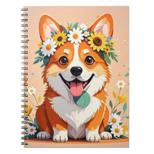Fröhliche Corgi-Hundekrone aus Gänseblumen und Son Notizblock