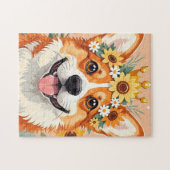 Fröhliche Corgi-Hundekrone aus Gänseblumen und Son Puzzle (Horizontal)
