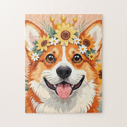 Fröhliche Corgi-Hundekrone aus Gänseblumen und Son Puzzle (Vertikal)