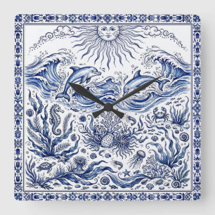 Fröhliche Delfine Fantasy-Meer Delft-Stil Blau Wei Quadratische Wanduhr
