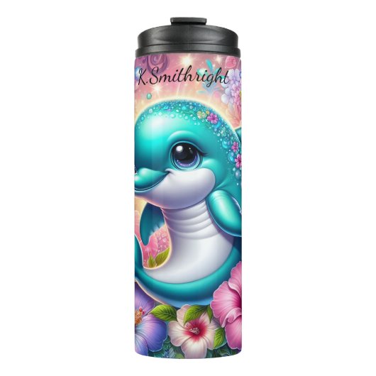 Fröhliche Dolphin Fantasy Glitzern Thermosbecher (Vorderseite)
