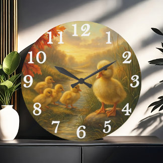 Fröhliche Entenfamilie im Herbststrom Große Wanduhr