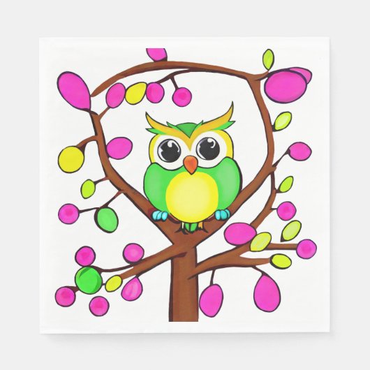 Fröhliche Eule in einem mehrfarbigen Baum Serviette (Vorderseite)