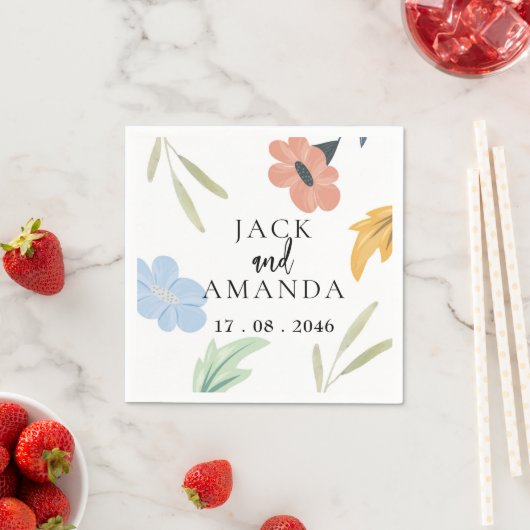 Fröhliche farbenfrohe blumengeschmückte Hochzeitsd Serviette (Beispiel)