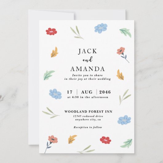 Fröhliche, farbenfrohe Blumenzettel Einladung (Vorderseite)