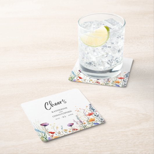 Fröhliche farbenfrohe Wildblumen Elegante Hochzeit Rechteckiger Pappuntersetzer (Vor Ort)