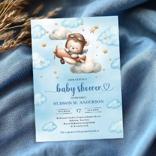 Fröhliche Flugzeug-Teddybär blaue Babyparty-Einlad Einladung