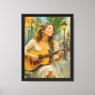 Fröhliche Frau, die Gitarre auf einer sonnigen Str Leinwanddruck