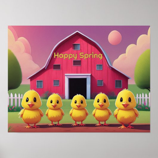 Fröhliche Frühlingsküken im Bauernhof Poster (Vorne)