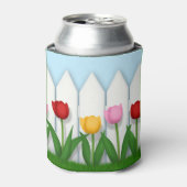 Fröhliche Frühlingsstipps und weißer Schlägerzaun Dosenkühler (Kanne Vorderseite)
