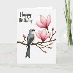 Fröhliche Geburtstags-Pink-Magnolie-Vogelkarte Karte