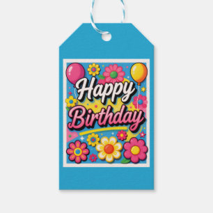 Fröhliche Geburtstagsblumen und Luftballons Blau Geschenkanhänger