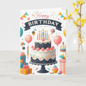 Fröhliche Geburtstagsfeier Cake & Balloons Karte (Gelbe Blume)