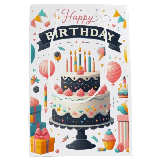Fröhliche Geburtstagsfeier Cake & Balloons Mittlere Geschenktüte (Vorderseite)