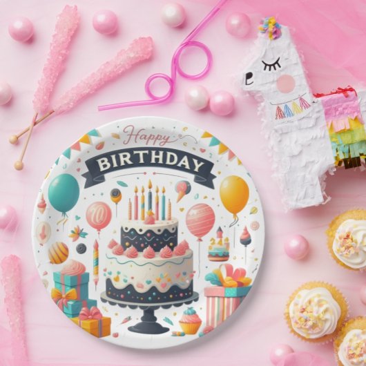 Fröhliche Geburtstagsfeier Cake & Balloons Pappteller