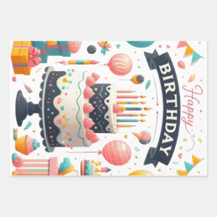 Fröhliche Geburtstagsfeier-Torte und Ballons Geschenkpapier Set