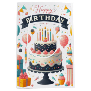 Fröhliche Geburtstagsfeier-Torte und Ballons Mittlere Geschenktüte