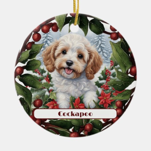 Fröhliche Golden Cockapoo Puppy Custom Weihnachten Keramik Ornament (Vorne)