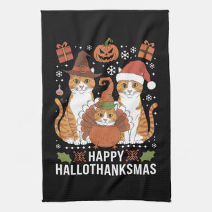 Fröhliche Hallothanksmas Katzen Halloween Weihnach Geschirrtuch
