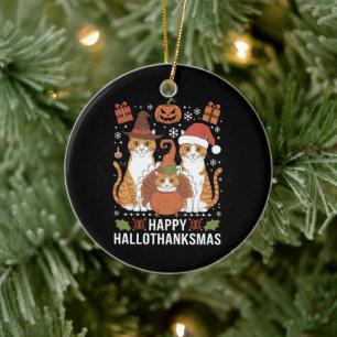 Fröhliche Hallothanksmas Katzen Halloween Weihnach Keramik Ornament