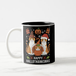 Fröhliche Hallothanksmas Katzen Halloween Weihnach Zweifarbige Tasse