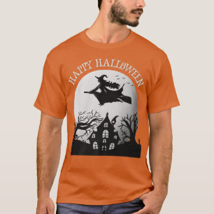 Fröhliche Halloween-Hexe, die über ein Spuk Haus f T-Shirt
