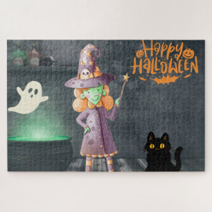 Fröhliche Halloween-Hexe, Schwarze Katze, Geist Puzzle