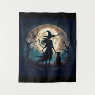 Fröhliche Halloween-Hexe um Mitternacht Wandteppich