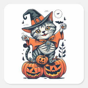 Fröhliche Halloween Hexenkatze Quadratischer Aufkleber