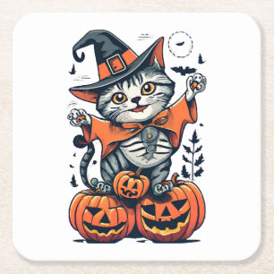 Fröhliche Halloween-Hexenkatze Rechteckiger Pappuntersetzer