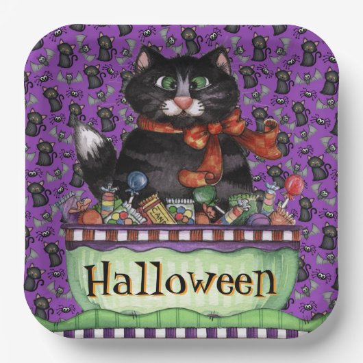 Fröhliche Halloween-Katze Pappteller (Vorderseite)